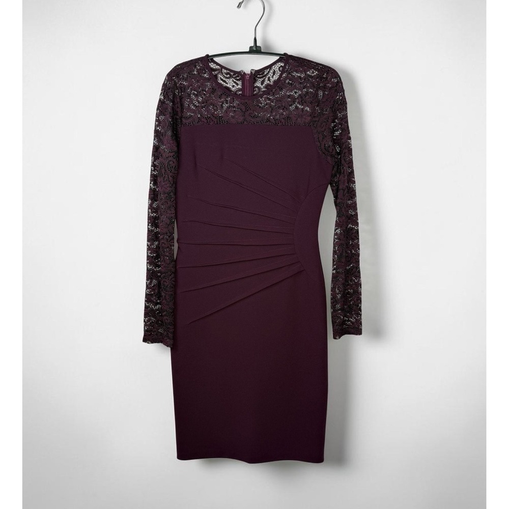 Deep Plum Sunburst Ruched Bodycon Dress Dark Vampy Romance Lace Sleeves Sz 2 - Picture 2 of 15